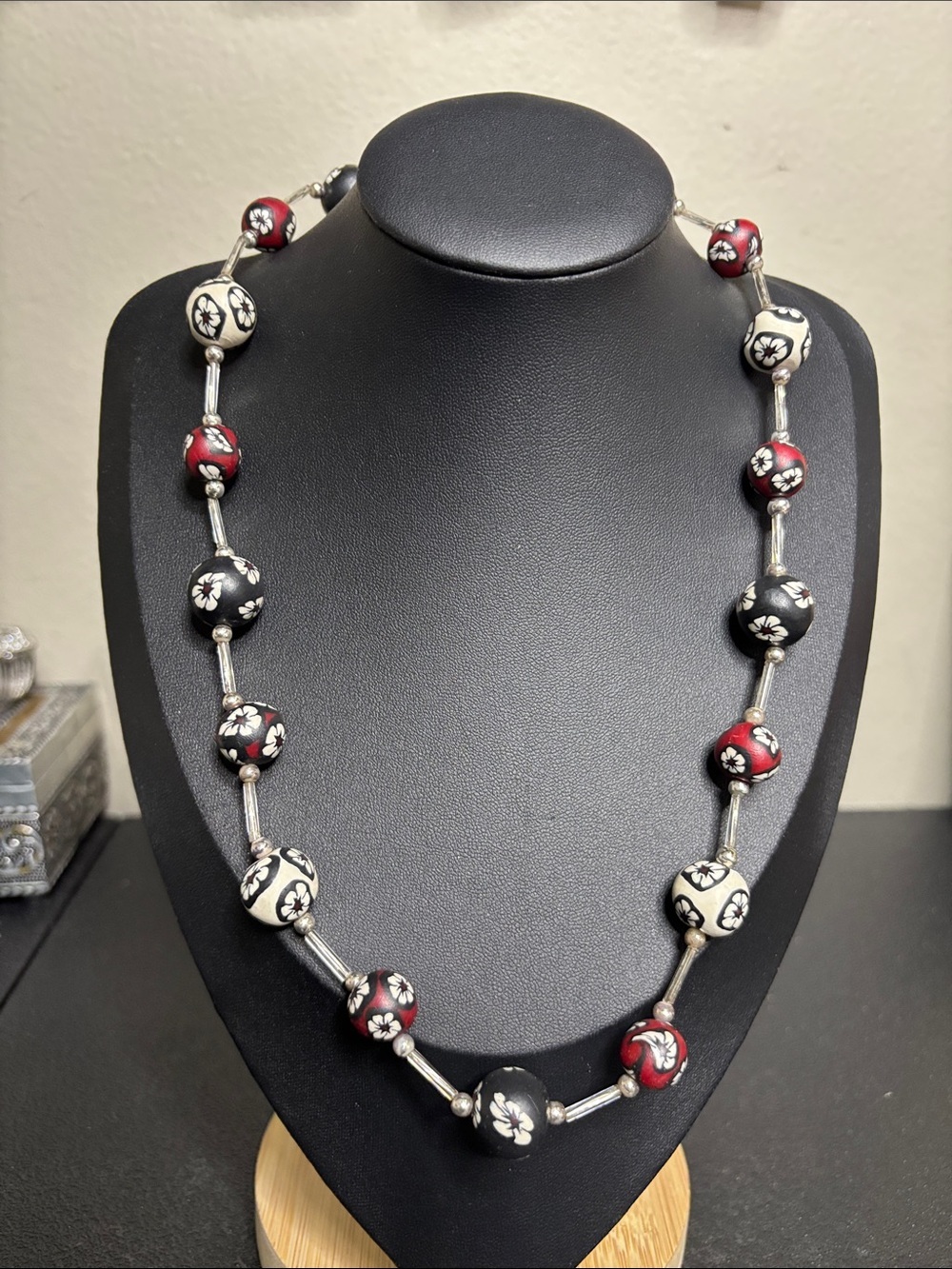 Handcrafted Clay Floral Bead Necklace in Black, Red & Cream Vintage Glass
